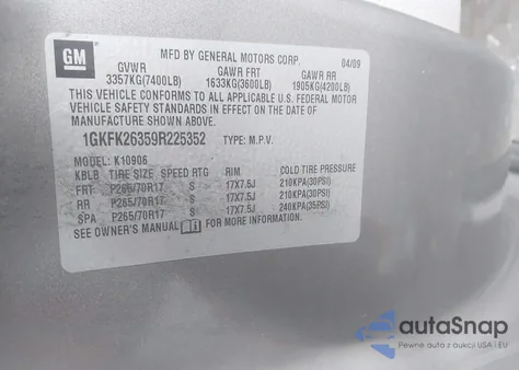 2009 GMC Yukon Xl 1500 Sle2 z USA, uszkodzony, nr VIN 1GKFK26359R225352